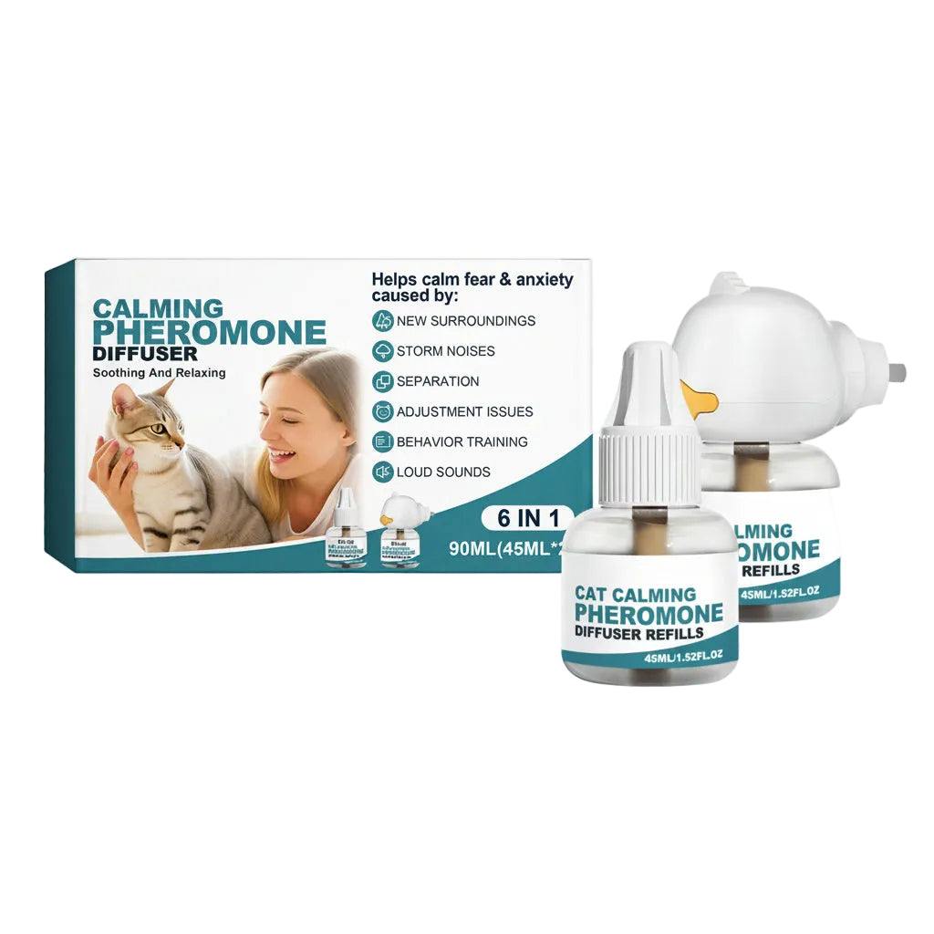 EelJoy Calming Pheromone Diffuser kit with a product box, a white diffuser device, and two small refill bottles on a plain white background.