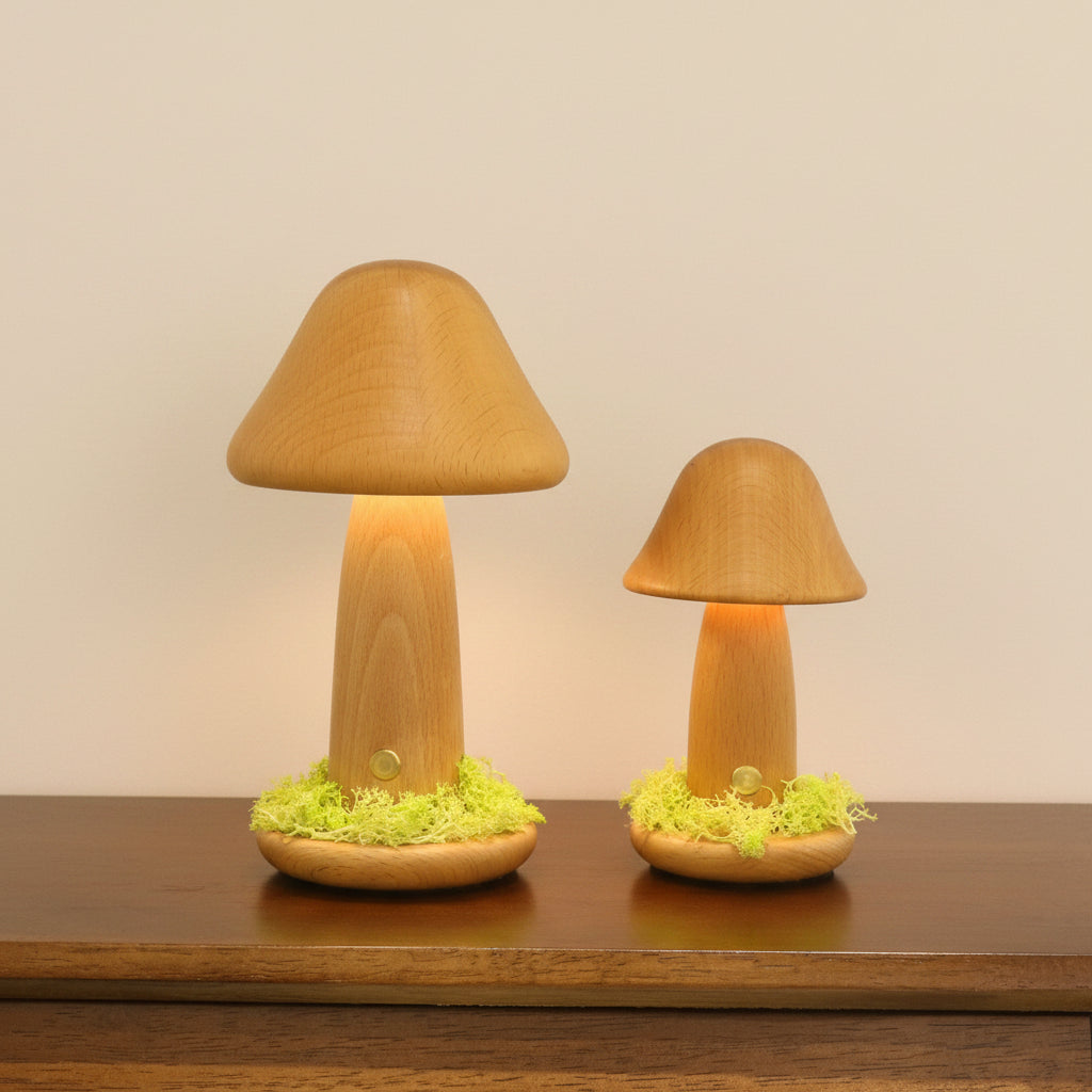 Twisted Beech Wood Mushroom Ambient Touch Lamp – warm glow on desk