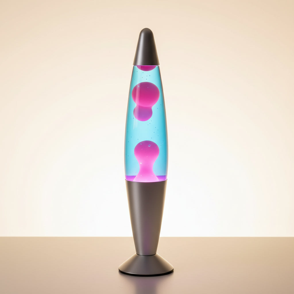 A glowing lava-style night lamp with a silver base and a pink-to-blue gradient chamber sits on a wooden table at dusk. A coffee cup, books, and a balcony railing are visible in the background, with the text 'MAGMA MOTION NIGHT LAMP' overlaid in the upper left.