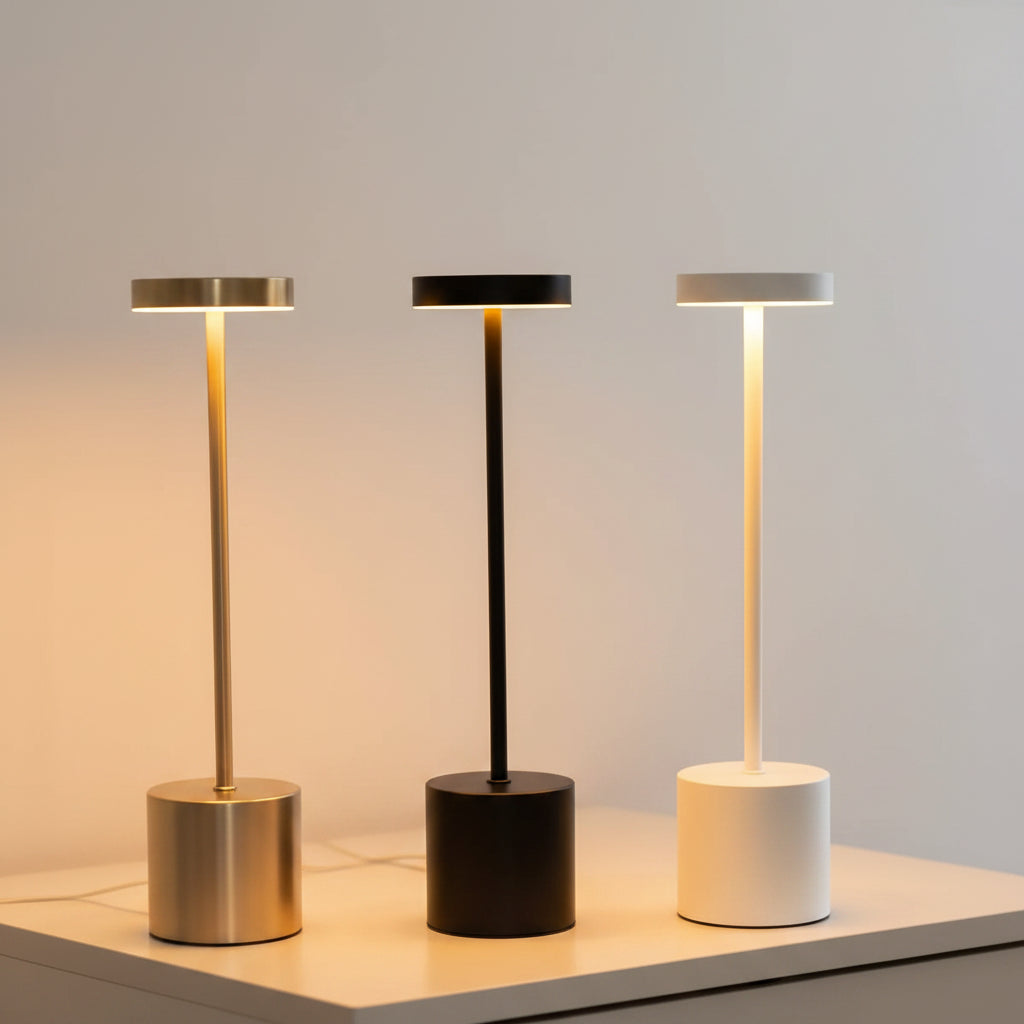 Three LED desk lamps in gold, black, and white on a wooden surface with a warm glow.