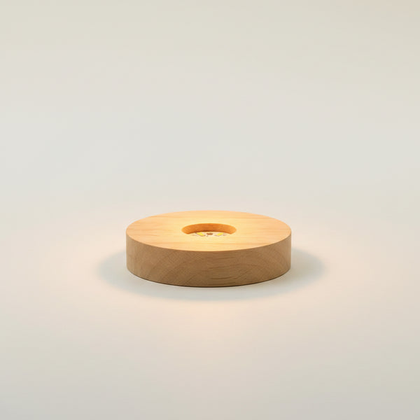A set of round wooden LED decorative lamps shown on a white background, including two lamps with exposed internal LED circuits, a white remote control, a USB cable, and a small controller. Text at the top lists sizes 60x60x20, 80x80x20, and 100x100x20.