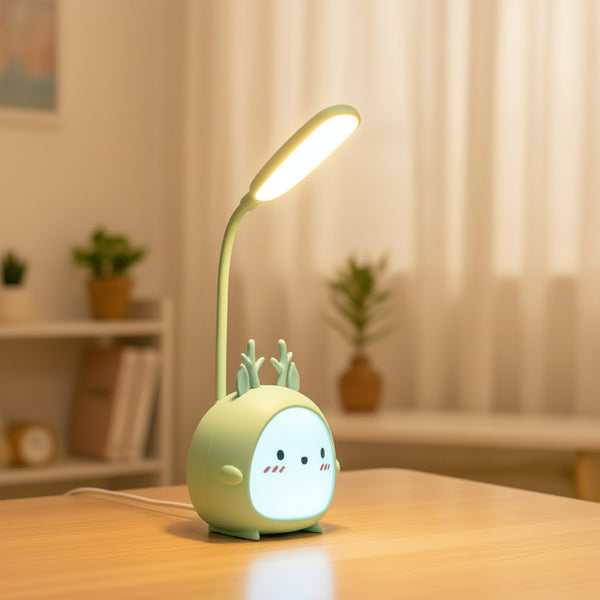 Compact USB Bedside Study Light - green animal shaped LED desk lamp with flexible neck | Lumafye