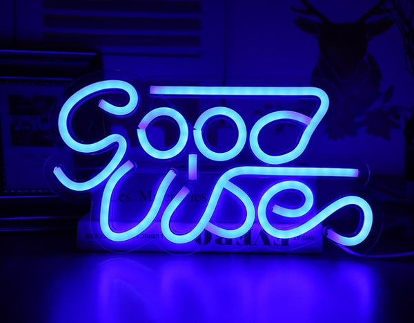 Shaped Acrylic Neon Wall Light - Good Vibes blue neon acrylic sign USB wall hanging bedroom decor | Lumafye