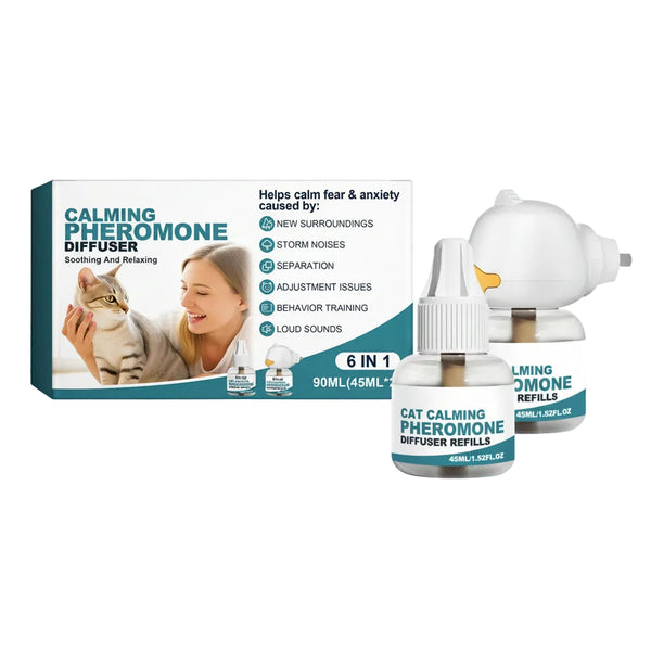 EelJoy Calming Pheromone Diffuser kit with a product box, a white diffuser device, and two small refill bottles on a plain white background.
