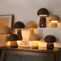 Wooden Mushroom LED Touch Lamp - collection of wooden mushroom LED lamps walnut beech all styles warm glow shelf display | Lumafye