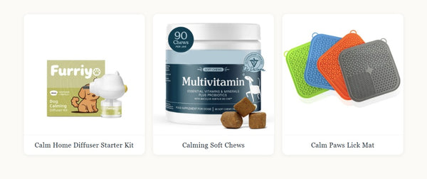 Home Alone Calm Starter Kit — Calm Home Diffuser Starter Kit, Calming Soft Chews, and Calm Paws Anxiety Relief Lick Mat shown together