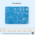 Lumafye Dog Cooling Mat size chart: S 30x40cm, M 40x50cm, L 50x65cm, XL 50x90cm, XXL 60x90cm